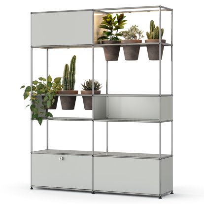 USM Haller E Plant World Room Divider, Light grey RAL 7035, Basalt, LED lighting warm white