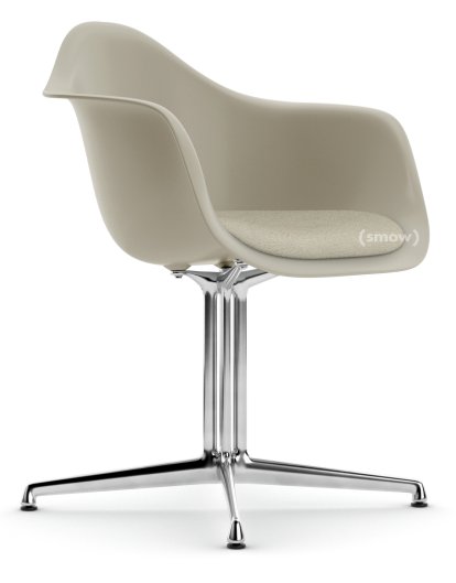Eames Plastic Armchair DAL, Pebble, With seat upholstery, Warm grey / ivory, Aluminium polished, New seat height (43,0 cm)