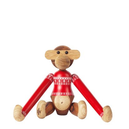 Monkey Wooden Figure Christmas Jumper , Small (H 19 cm), Red jumper