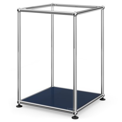 USM Haller Side Table 35 High, Upper panel glass, lower panel metal, Steel blue RAL 5011