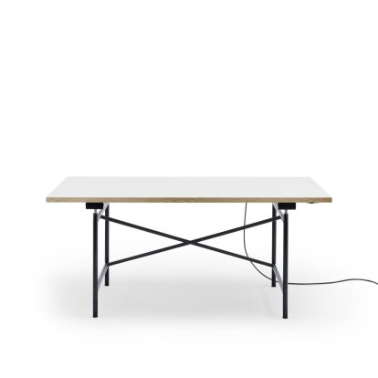 Eiermann 1 Table E (Electric Height Adjustment), White melamine with oak edge, 160 x 80 cm, Black, With cable duct