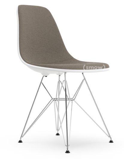 Eames Plastic Side Chair DSR, White RE, With full upholstery, Warm grey / moor brown, Standard version - 43 cm, Chrome-plated