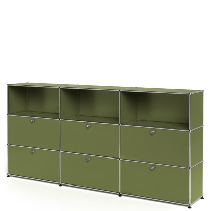 Details USM Haller USM Haller Highboard XL, Customisable USM Haller Highboard XL, Customisable, Olive green RAL 6003, Open, With 3 drop-down doors, With 3 drop-down doors