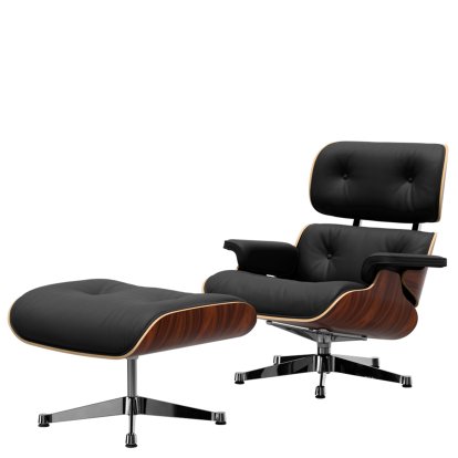 Eames Lounge Chair & Ottoman, Santos Palisander, Leather Premium F nero, 84 cm - Original height 1956, Aluminium polished