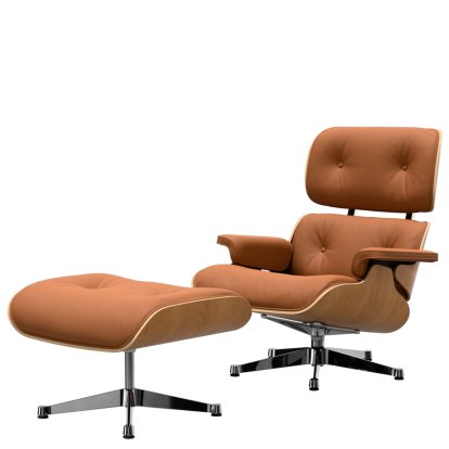 Eames Lounge Chair & Ottoman, Cherry, natural , Leather Premium F cognac, 89 cm, Aluminium polished