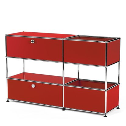 USM Haller Kids Sideboard M with storage boxes, Self-coloured, USM ruby red, With drop-down door
