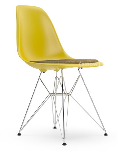 Eames Plastic Side Chair DSR, Mustard, With seat upholstery, Mustard / dark grey, Standard version - 43 cm, Chrome-plated