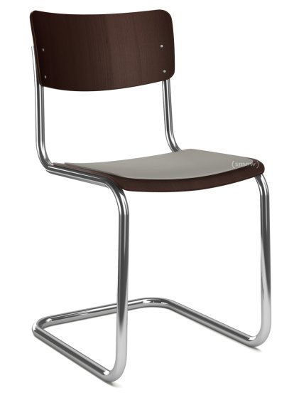 S 43 Classic Cantilever Chair, Chrome-plated frame, Stained beech, Dark brown (TP 89), Seat pad without upholstery light grey melange, No glides
