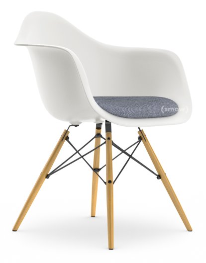 Eames Plastic Armchair DAW, White RE, With seat upholstery, Dark blue / ivory, Standard version - 43 cm, Ash honey tone