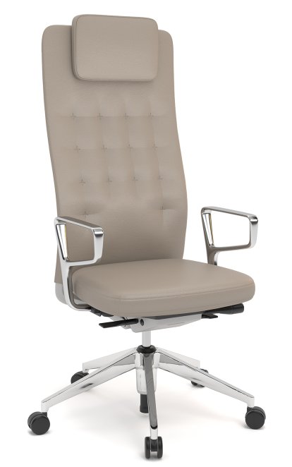 ID Trim L, FlowMotion without seath depth adjustment, With polished aluminium ring armrests, Soft grey, Leather sand, Soft castors for hard floor surfaces