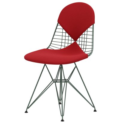 Wire Chair DKR , Powder-coated eames sea foam green, Seat and backrest cushion (Bikini), Hopsak red / poppy red
