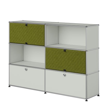 USM Haller Highboard L with two USM Haller Soft Panels, diagonal, Light grey RAL 7035, Green