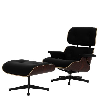 Lounge Chair & Ottoman, Santos Palisander, Leather Premium F nero, 89 cm, Aluminium polished, sides black
