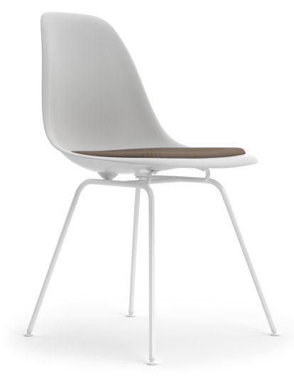 Eames Plastic Side Chair DSX, Cotton white, With seat upholstery, Warm grey / moor brown, Standard version - 43 cm, Coated white
