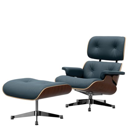 Eames Lounge Chair & Ottoman, Dark walnut, Leather Premium F smoky blue, 89 cm, Aluminium polished