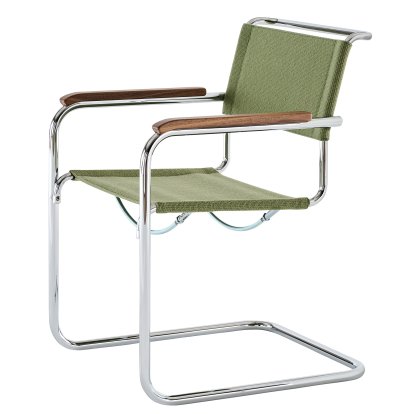 Details Thonet S 33 / S 34 V Fabric Cantilever Chair S 33 / S 34 V Fabric Cantilever Chair, Armrests oiled walnut, Chrome-plated, Fabric Nobel 68303 - green, No glides