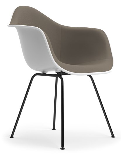 Eames Plastic Armchair DAX, Cotton white, With full upholstery, Warm grey / moor brown, Standard version - 43 cm, Coated basic dark