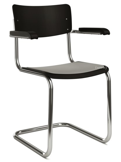 S 43 F Classic Cantilever Chair, Chrome-plated frame, Lacquered beech, Deep black (RAL 9005), Seat pad without upholstery light grey melange, Black plastic glides with felt