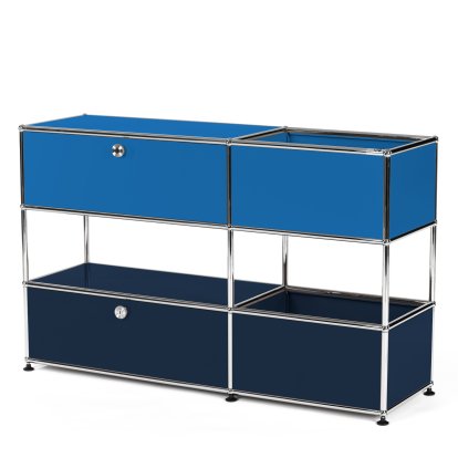 USM Haller Kids Sideboard M with storage boxes, Bicoloured, Gentian blue RAL 5010 - Steel blue RAL 5011, With drop-down door and extension door (incl. metal box insert)