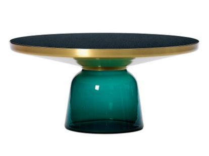 Bell Coffee Table, Brass with clear varnish, Emerald green