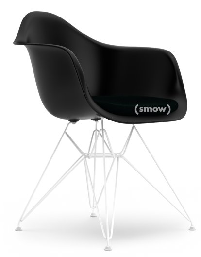 Eames Plastic Armchair DAR, Deep black, With seat upholstery, Petrol / moor brown, Standard version - 43 cm, Coated white