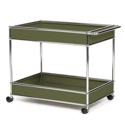 USM Haller Bar Trolley Type II with panelling, Olive green RAL 6003, Soft castors for hard floor surfaces