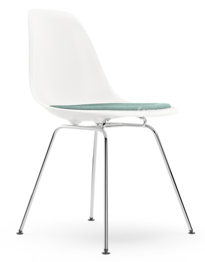 Eames Plastic Side Chair DSX, White RE, With seat upholstery, Ice blue / ivory, Standard version - 43 cm, Chrome-plated