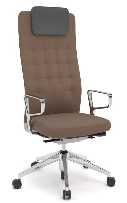 ID Trim L, FlowMotion without seath depth adjustment, With polished aluminium ring armrests, Soft grey, Plano fabric brown, Hard castors for carpets