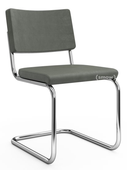 S 32 PV Pure Materials Cantilever Chair, Nubuk Leather green-grey, Chrome-plated, Black plastic glides with felt