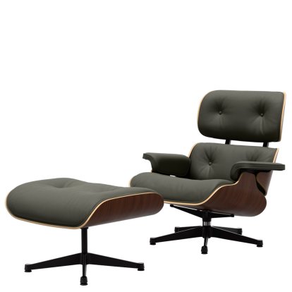 Eames Lounge Chair & Ottoman, Dark walnut, Leather Premium F umbra grey, 84 cm - Original height 1956, Aluminium polished, sides black