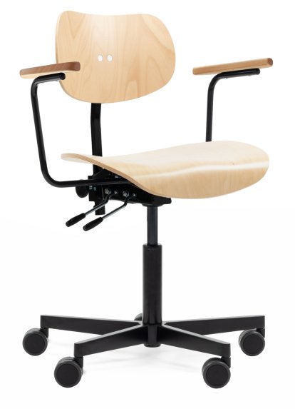 S 197 R20, With armrests, Natural beech, Matt black powder-coated, Standard castors black for hard floor