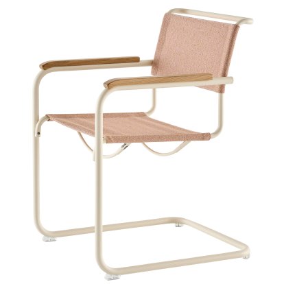Details Thonet S 33 / S 34 V Fabric Cantilever Chair S 33 / S 34 V Fabric Cantilever Chair, Armrests oiled oak, Pearl white matt powder coated, Fabric Cento lotus - rose, Transparent plastic glides with felt
