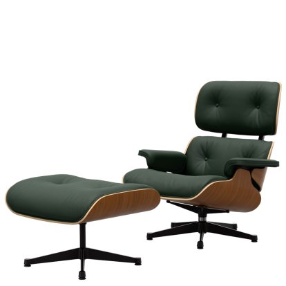Eames Lounge Chair & Ottoman, Walnut, natural, Leather Premium F jade, 89 cm, Aluminium polished, sides black