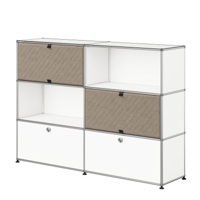 USM Haller Highboard L with two USM Haller Soft Panels, diagonal, Pure white RAL 9010, Taupe