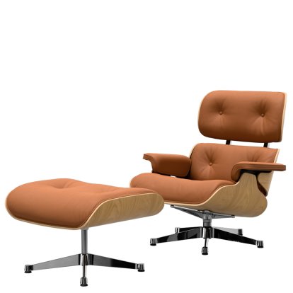 Eames Lounge Chair & Ottoman, Chestnut, natural, Leather Premium F cognac, 84 cm - Original height 1956, Aluminium polished