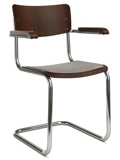 S 43 F Classic Cantilever Chair, Chrome-plated frame, Stained beech, Walnut (TP 24), Seat pad without upholstery light grey melange, Black plastic glides with felt