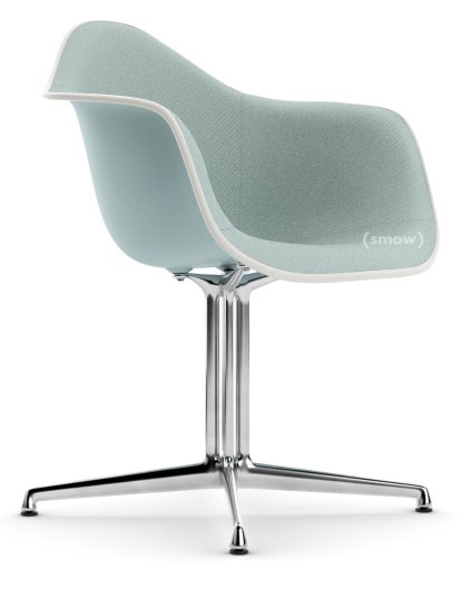 Eames Plastic Armchair DAL, Ice grey, With full upholstery, Ice blue / ivory, Aluminium polished, New seat height (43,0 cm)