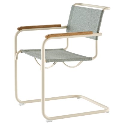 Details Thonet S 33 / S 34 V Fabric Cantilever Chair S 33 / S 34 V Fabric Cantilever Chair, Armrests oiled oak, Pearl white matt powder coated, Fabric Cento ray - light blue, Transparent plastic glides with felt