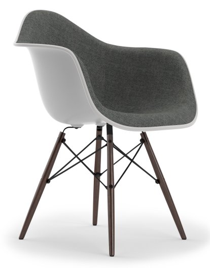 Eames Plastic Armchair DAW, Cotton white, With full upholstery, Nero / ivory, Standard version - 43 cm, Dark maple