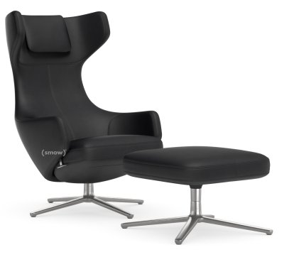 Grand Repos, Chair Grand Repos & Ottoman, Leather Premiun nero, 46 cm, Polished