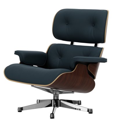 Lounge Chair, Dark walnut, Lether Premium F smoky blue, 84 cm - Original height 1956, Aluminium polished