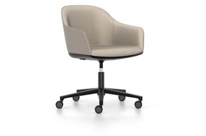 Softshell Chair with five star base, Aluminum base powder coated basic dark, Leather (Standard), Sand, Soft castors for hard floor surfaces