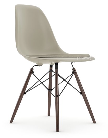 Eames Plastic Side Chair RE DSW, Pebble, With seat upholstery, Warm grey / ivory, Standard version - 43 cm, Dark maple