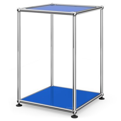 USM Haller Side Table 35 High, Upper panel lacquered glass, lower panel metal, Gentian blue RAL 5010