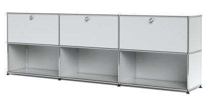 USM Haller Sideboard XL, Customisable, USM matte silver, With 3 drop-down doors, Open