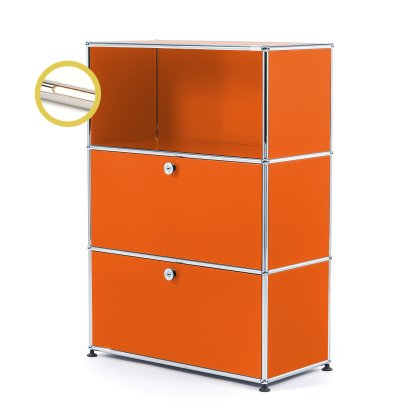 USM Haller E Highboard M with 2 Drop-down Doors and Compartment Lighting, Pure orange RAL 2004, Warm white
