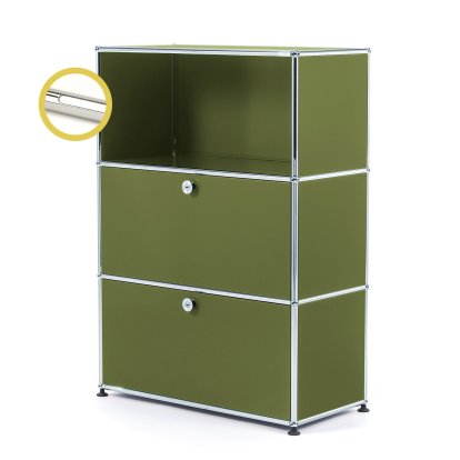 USM Haller E Highboard M with 2 Drop-down Doors and Compartment Lighting, Olive green RAL 6003, Cool white