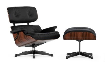 Lounge Chair & Ottoman, Santos Palisander, Leather Premium F nero, 89 cm, Aluminium polished, sides black