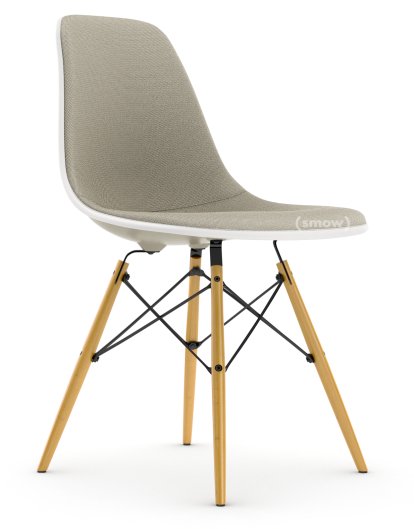 Eames Plastic Side Chair RE DSW, Pebble, With full upholstery, Warm grey / ivory, Standard version - 43 cm, Yellowish maple