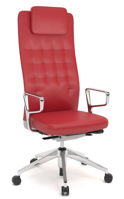 ID Trim L, FlowMotion without seath depth adjustment, With polished aluminium ring armrests, Soft grey, Leather red, Hard castors for carpets